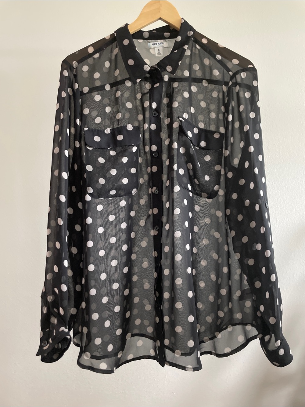 Old Navy Black Sheer Polka Dot Button-Up Blouse Women’s XL